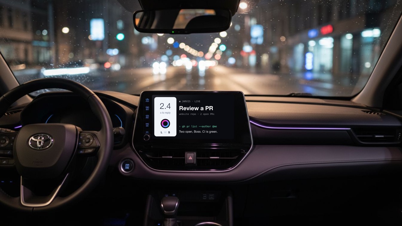 Carcode on a Toyota's centre screen at night, answering a spoken request
