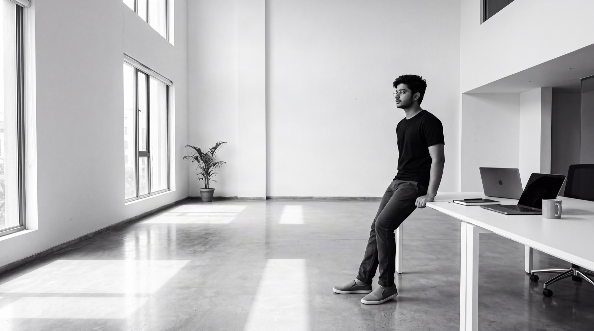 Harsh Rastogi in a bright, minimal studio office, sitting on the edge of a desk with two laptops