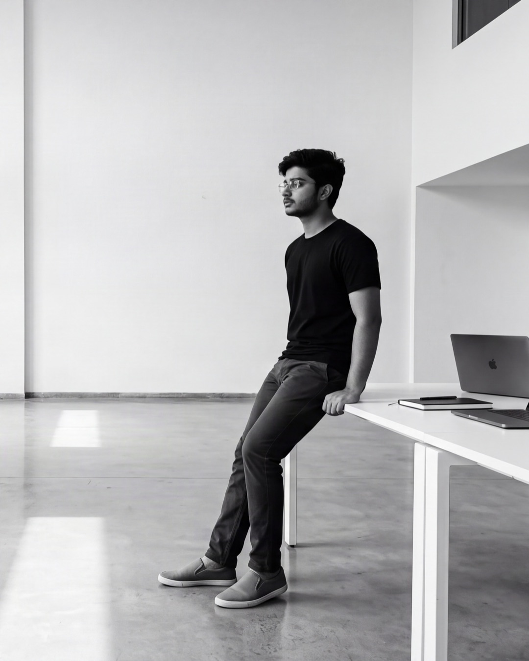 Harsh Rastogi, AI Product Engineer, sitting on the edge of a desk in a bright studio office