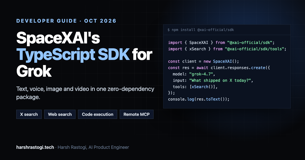 SpaceXAI TypeScript SDK for Grok: text, voice, image and video with X search, web search, code execution and remote MCP